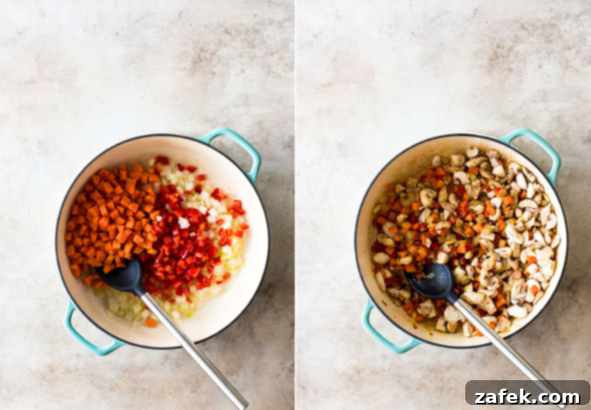 Flaky Puff Chicken Pot Pie 5 A two-panel image showing the initial steps of cooking: chopped carrots, onions, and red pepper sautéing in a skillet on the left, and sliced mushrooms added to the sautéing vegetables on the right, forming the flavorful base of the pot pie filling.