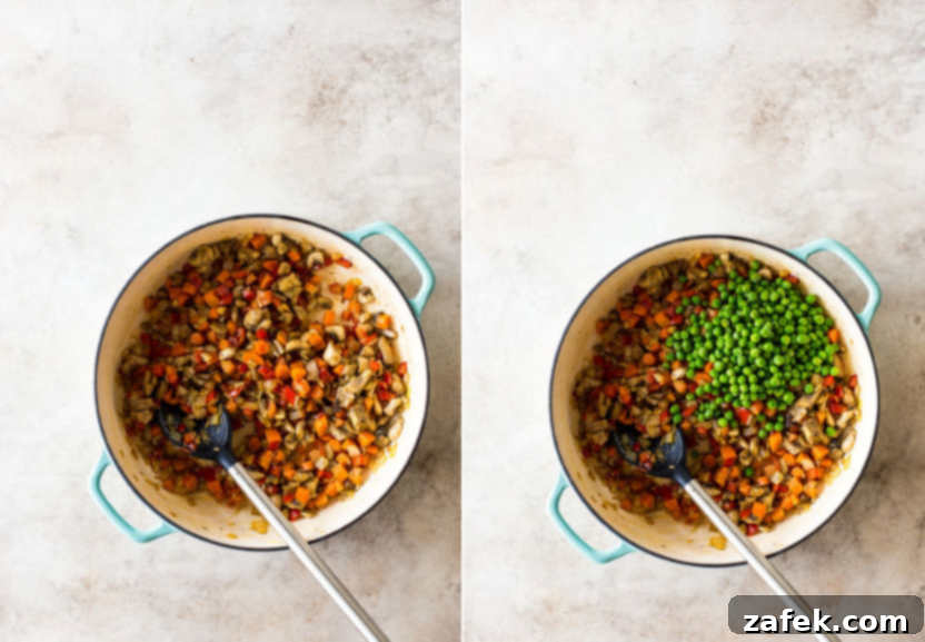 Flaky Puff Chicken Pot Pie 6 Another two-panel image illustrating the progression of the filling: on the left, garlic and thyme are added to the softened vegetables, creating an aromatic blend; on the right, frozen peas are stirred into the finished vegetable mixture, ready to be combined with the creamy chicken sauce.