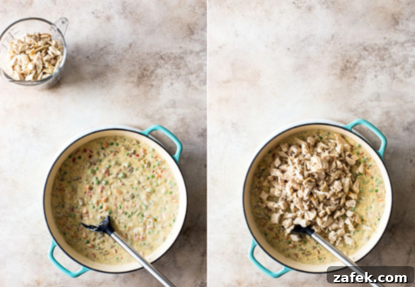 Flaky Puff Chicken Pot Pie 7 A two-panel image demonstrating the sauce-making process: on the left, butter and flour are whisked together in a saucepan to form a roux; on the right, white wine, heavy cream, and chicken broth are gradually whisked into the roux, creating a rich, thickening base for the pot pie.