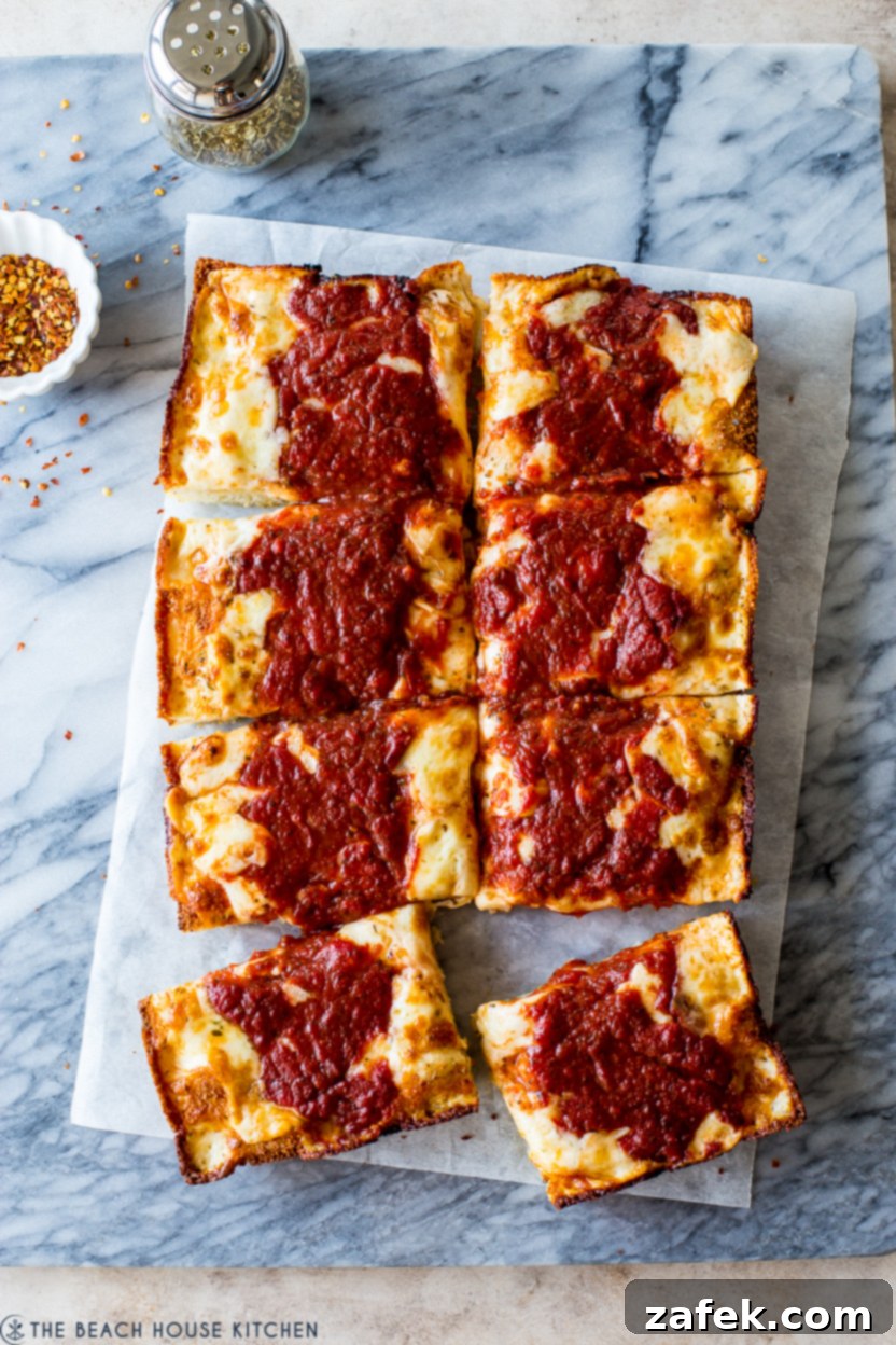 Overhead photo of a Detroit-Style pizza