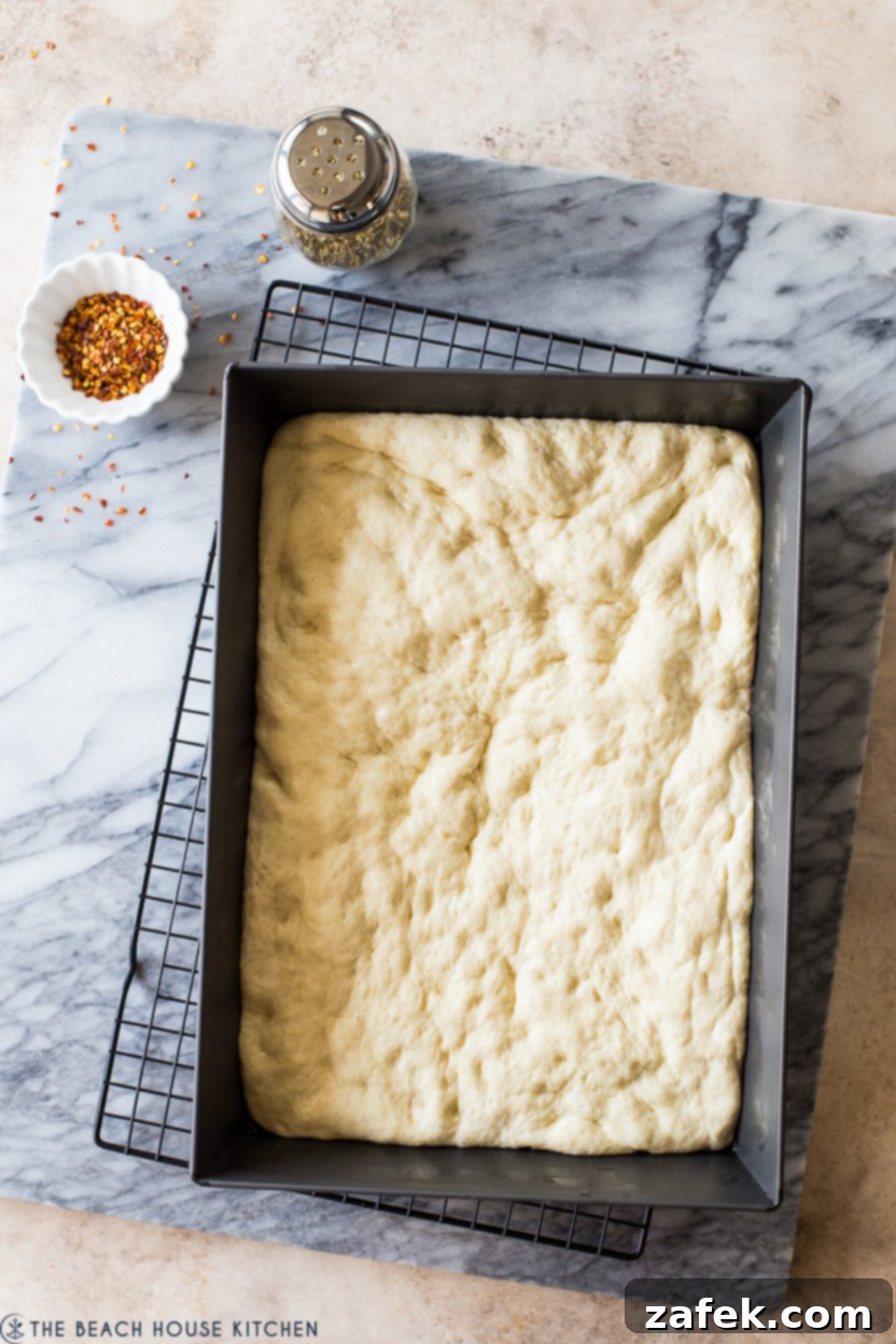 Overhead photo of a rectangular pan of pizza dough ready for toppings