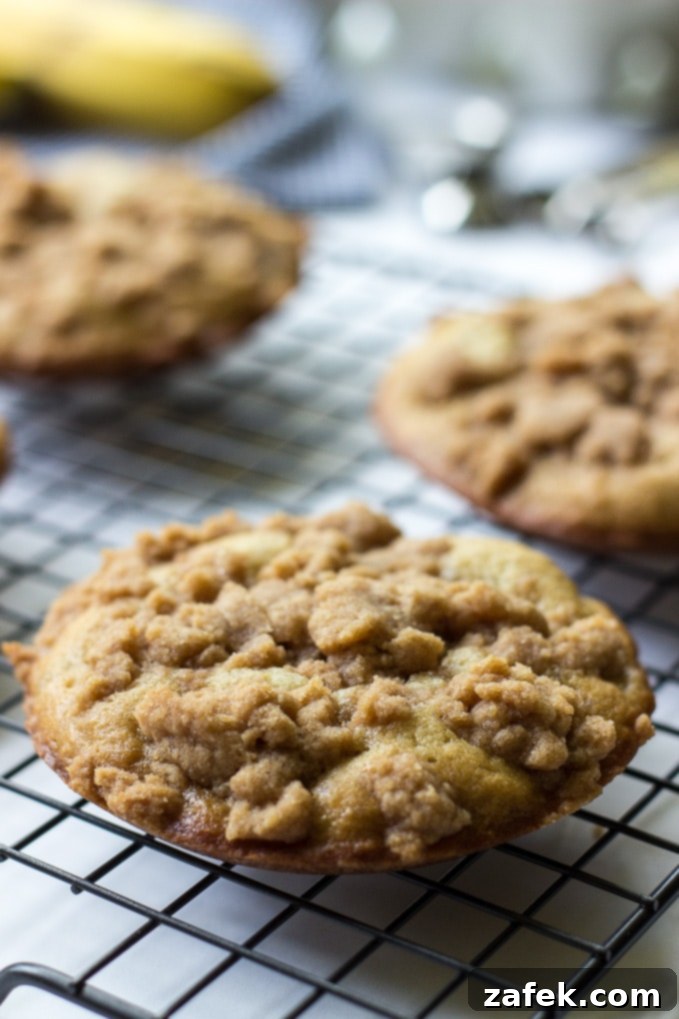 Banana Crumb Cake Muffin Tops - Side view showing the height and crumb topping.