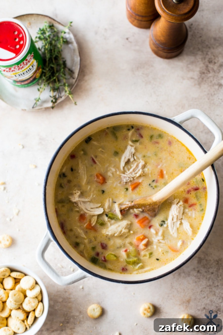Soulful Cajun Chicken & Rice Soup 8 An aerial shot showing a large pot filled with creamy, rich Cajun Comfort Chicken and Rice Soup, highlighting its luscious texture and inviting appearance, perfect for a cozy meal.