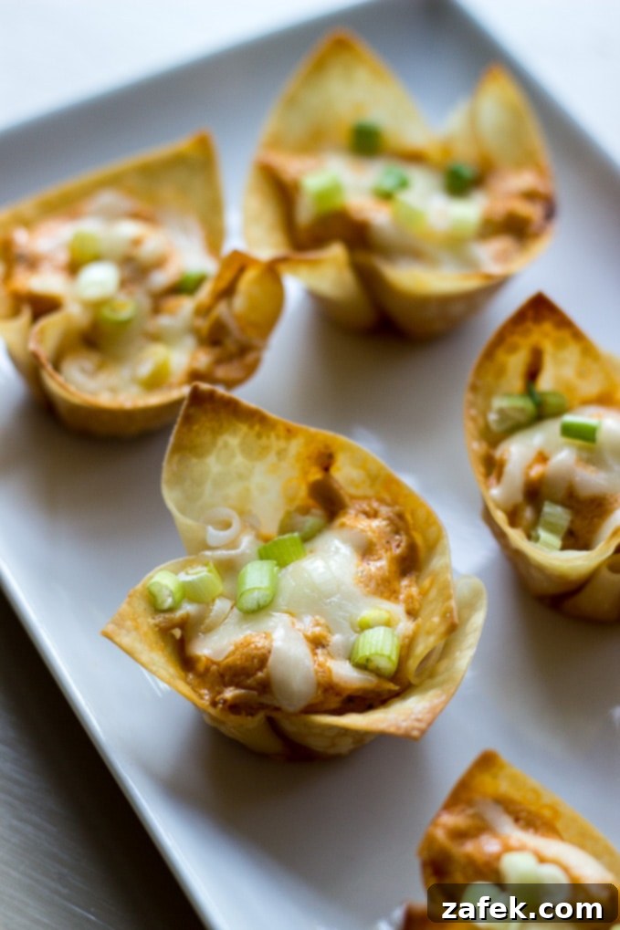 Overhead shot of freshly baked Buffalo Chicken Wonton Cups in a mini muffin tin.
