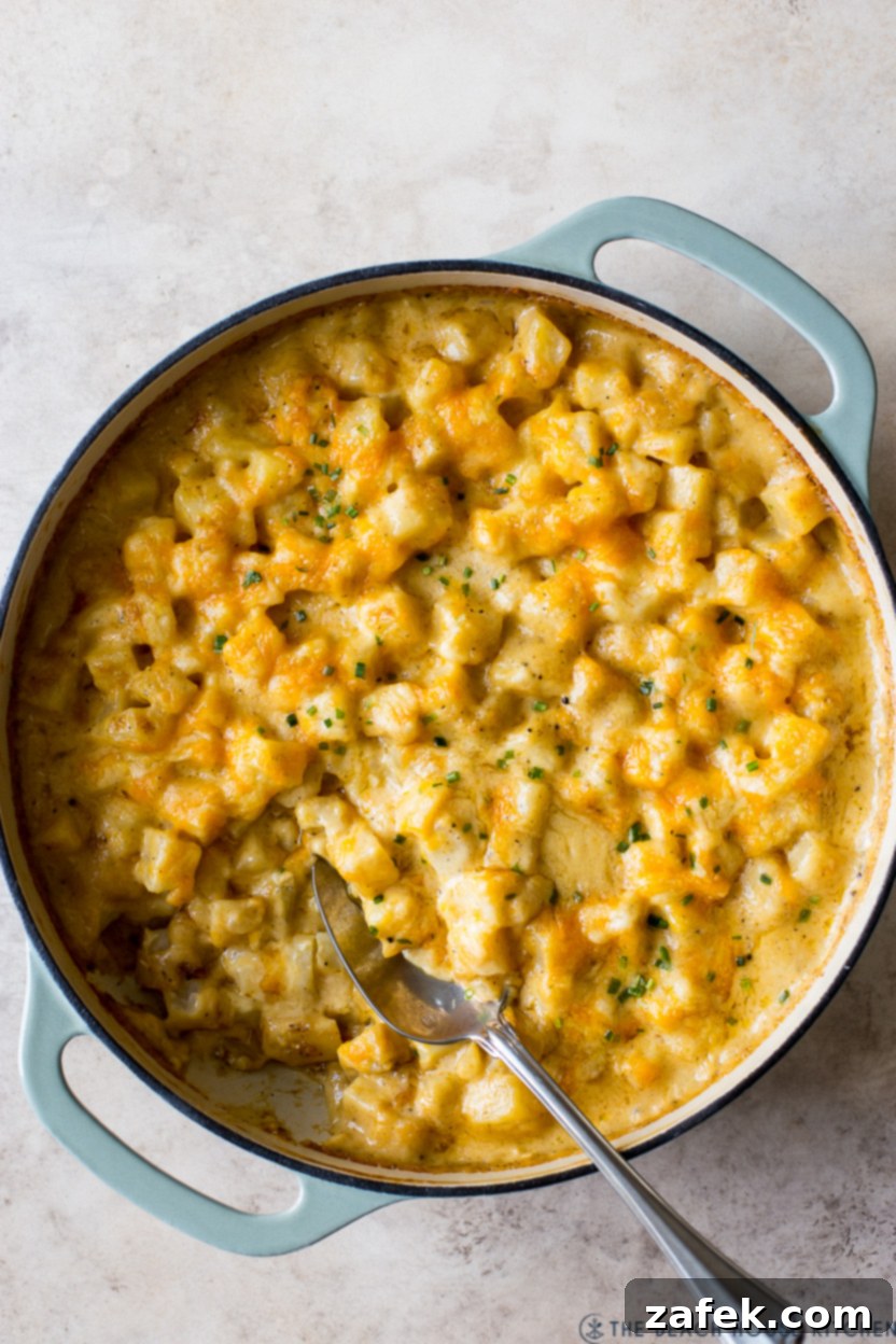 Close-up overhead shot of a bubbling skillet of cheesy potatoes, showing the creamy sauce, melted cheddar, and tender potato cubes.