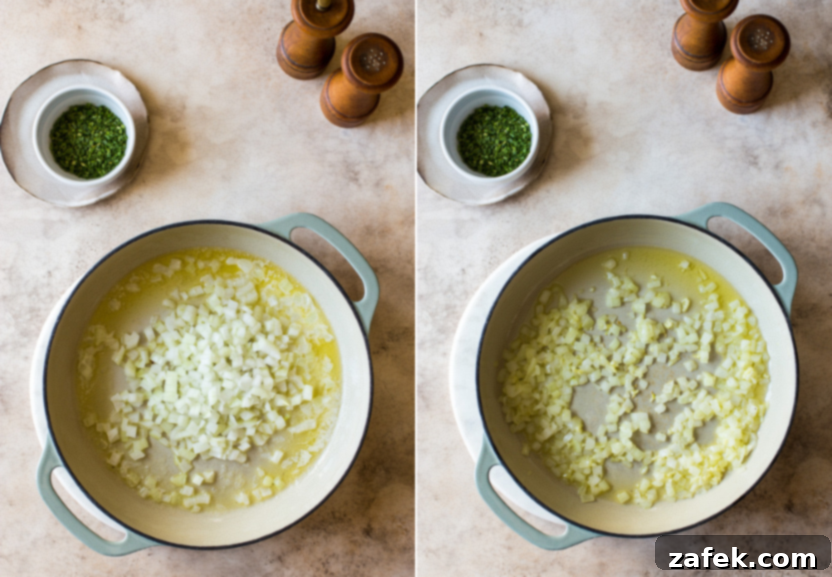 Melted butter in a cast iron skillet with chopped onions and minced garlic sautéing until tender.