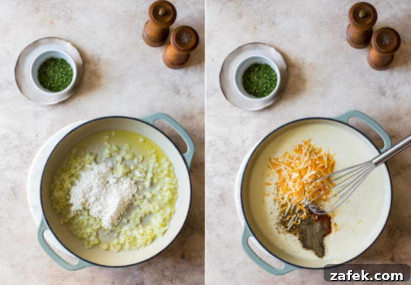 Chicken broth and heavy cream being whisked into a roux of butter, flour, onions, and garlic in a skillet, creating a creamy sauce.