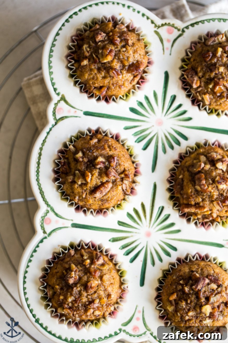 Golden Apple Praline Muffins 3 An inviting overhead shot captures a standard six-cup muffin pan, brimming with perfectly risen Apple Praline Muffins. Their golden-brown, domed tops are lightly dusted with crunchy candied pecans, promising a delightful texture and rich flavor.