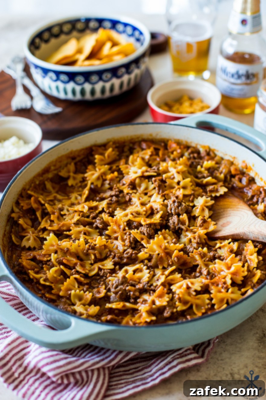 Creamy One-Pan Taco Beef Pasta 3 A skillet of a beef and noodle mixture