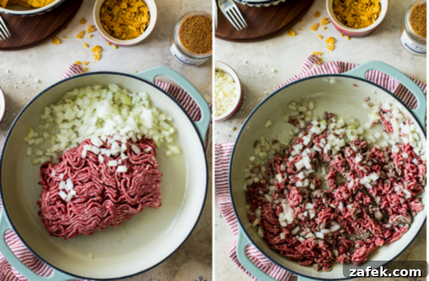 Creamy One-Pan Taco Beef Pasta 4 Two photos side by side of hamburger and onions in a skillet