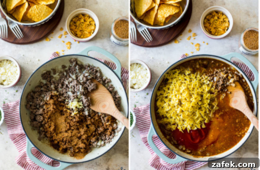 Creamy One-Pan Taco Beef Pasta 5 Two photos side by side of a skillet with hamburger, onions spices and uncooked noodles