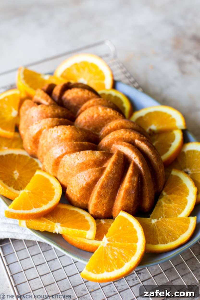 An orange loaf cake on a plate surrounded by orange slices
