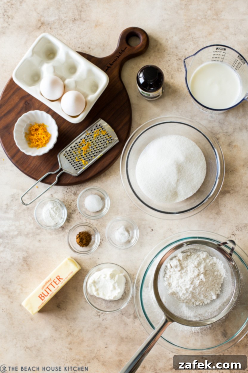 Overhead photo of ingredients for an orange loaf cake
