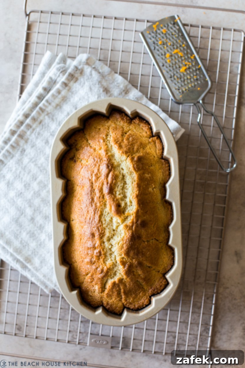 Overhead photo of a baked loaf cake in a loaf pan on a wire rack