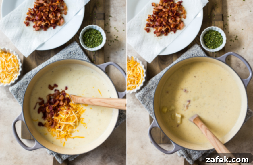 Bacon Cheddar Baked Potato Soup 5 Diptich of a pot of potato soup, one topped with bacon and cheese and one plain
