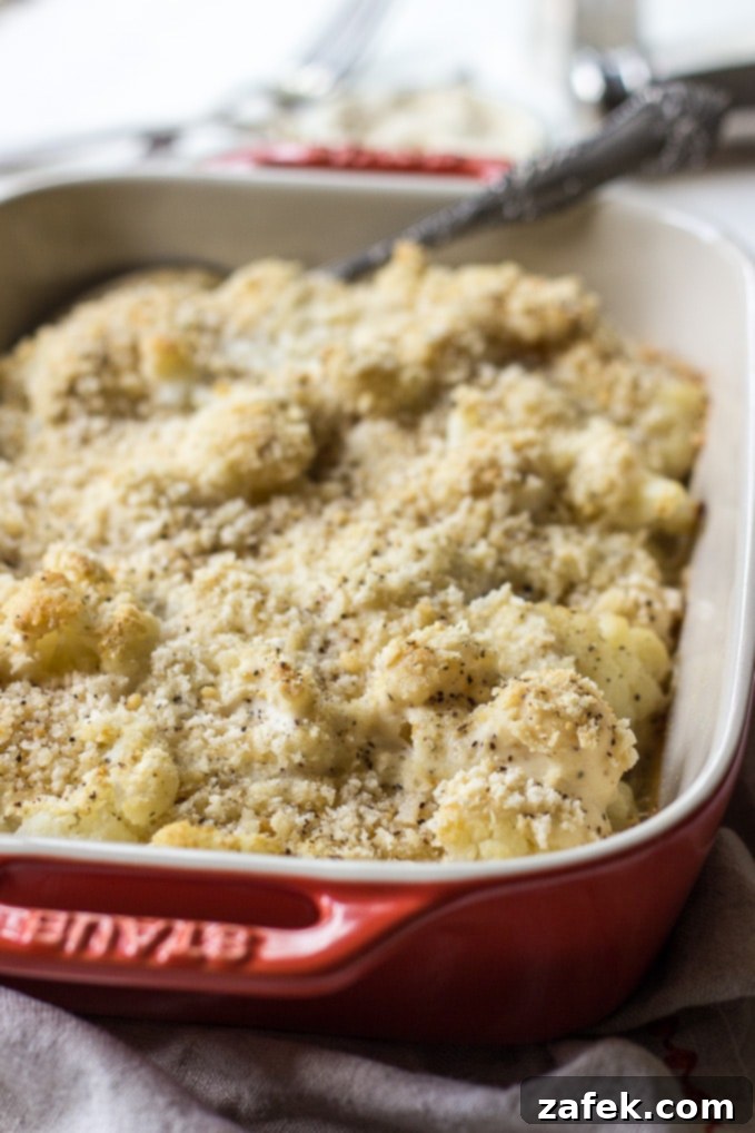 Creamy Horseradish Cauliflower Au Gratin with a golden brown crust