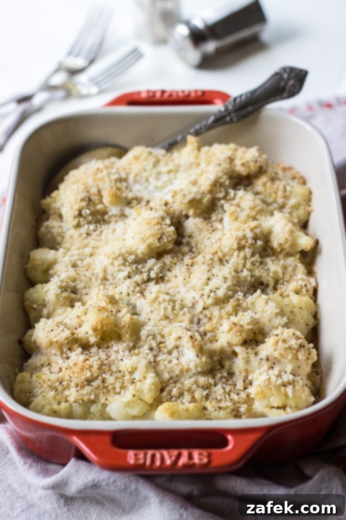Close-up of Horseradish Cauliflower Au Gratin showcasing the creamy sauce