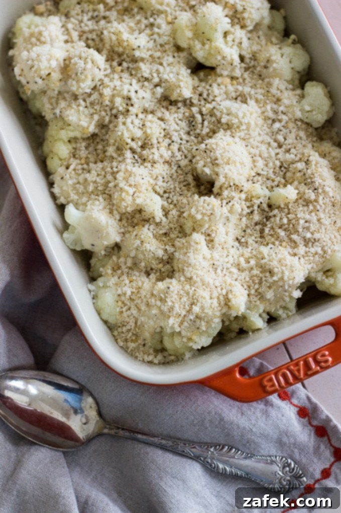 Baked Horseradish Cauliflower Au Gratin with golden breadcrumb topping