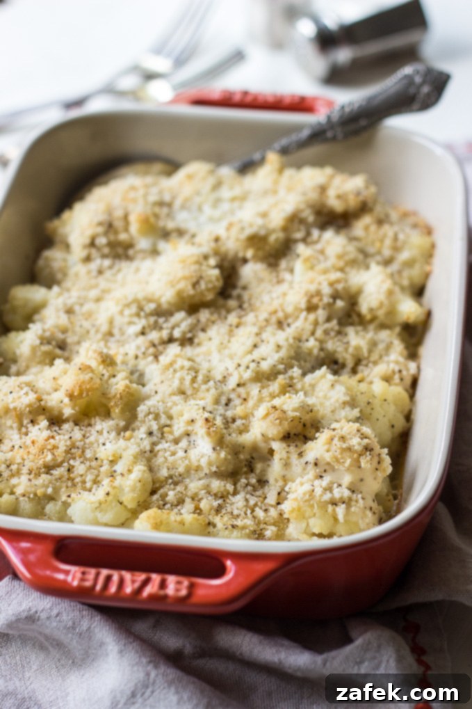 Plated Horseradish Cauliflower Au Gratin, ready to be served