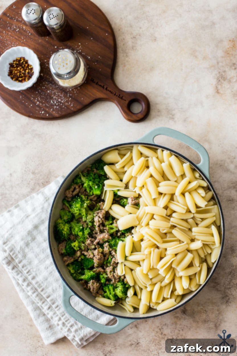 Overhead photo of a skillet of pasta, sausage and broccoli