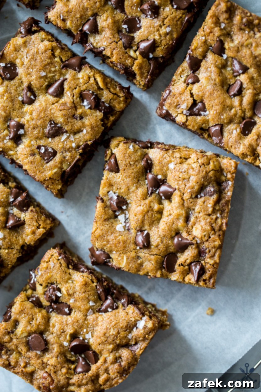 Chewy Oatmeal Chocolate Chip Bars 3 Up close overhead photo of a single oatmeal chocolate chip bar with a bite taken out, showing its chewy texture