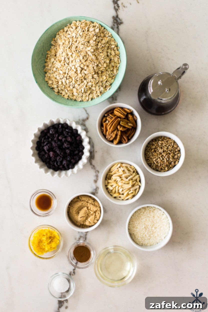 Sunshine Lemon Berry Crunch 5 Overhead photo of bowls filled with blueberry lemon granola ingredients