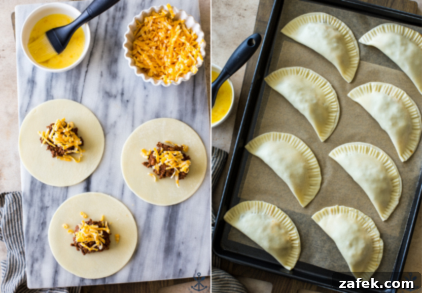 Spicy Cheesy Empanadas 6 Hands crimping the edges of an empanada with a fork, preparing it for baking.