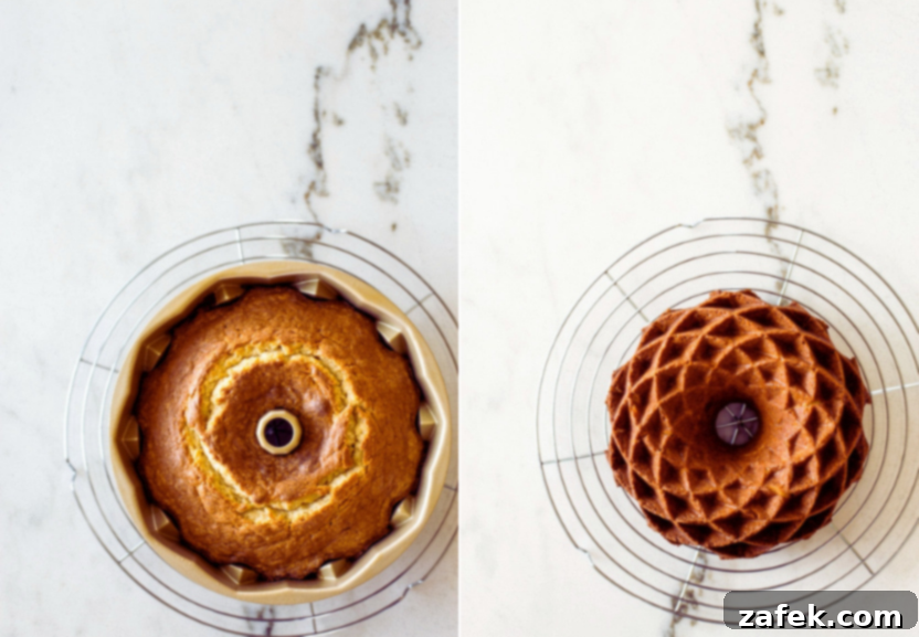Two overhead photos showcasing perfectly baked golden brown sugar bundt cakes, one highlighting the unadorned beauty of the cake and the other hinting at the luscious glaze.