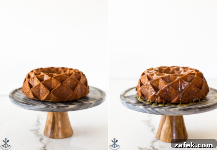 Two photos illustrating the evolution of the bundt cake: one showcasing the beautifully baked cake on a cake pedestal before glazing, and the other displaying the same cake elegantly covered in caramel glaze.
