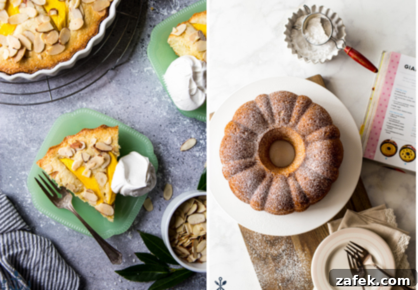 A diptych of two desserts, a slice of tropical mango cake and a classic twinkie bundt cake
