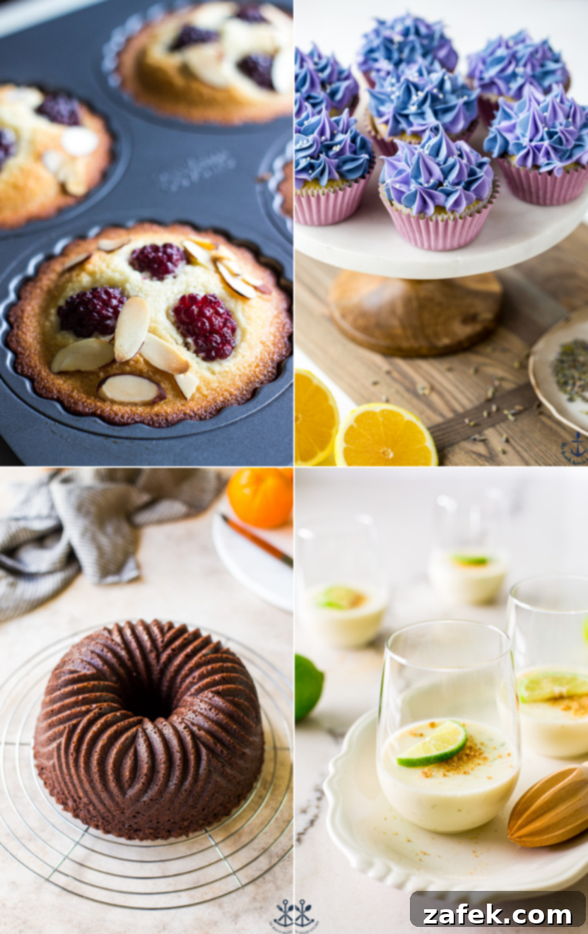 A collage of four tempting Mother's Day dessert ideas including financiers, cupcakes, bundt cake, and panna cotta