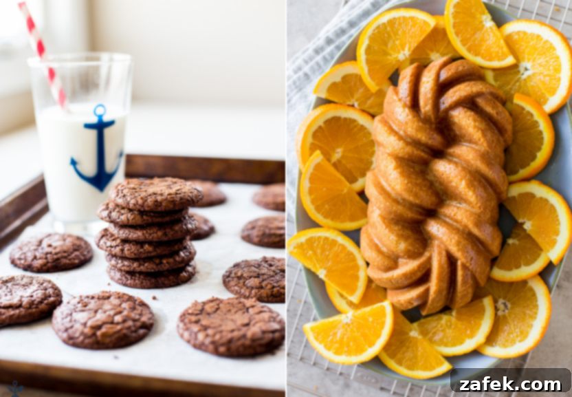A diptych of rich brownie cookies and a tangy orange loaf cake