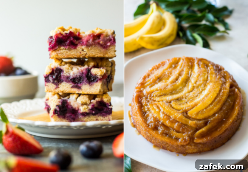 A diptych featuring a stack of berry crumb bars and a stunning caramelized banana upside-down cake