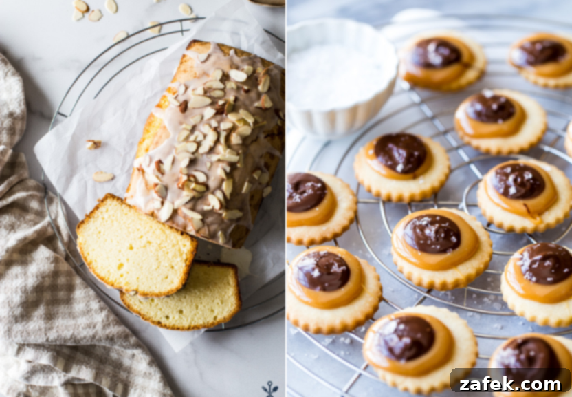 A diptych of a delicate glazed almond pound cake and indulgent Twix cookies