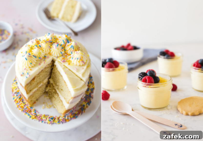 Diptych of two elegant lemon desserts, a layered lemon cake and a lemon pudding topped with fresh berries