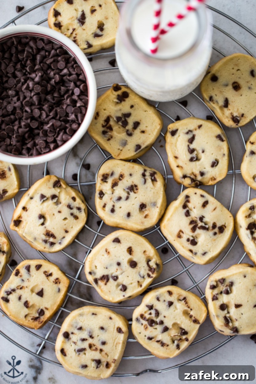 Tropical Chocolate Chip Cookie Logs 2 Up close overhead photo of golden-brown coconut chocolate chip cookies cooling on a round wire rack, highlighting their crisp edges and visible mini chocolate chips.