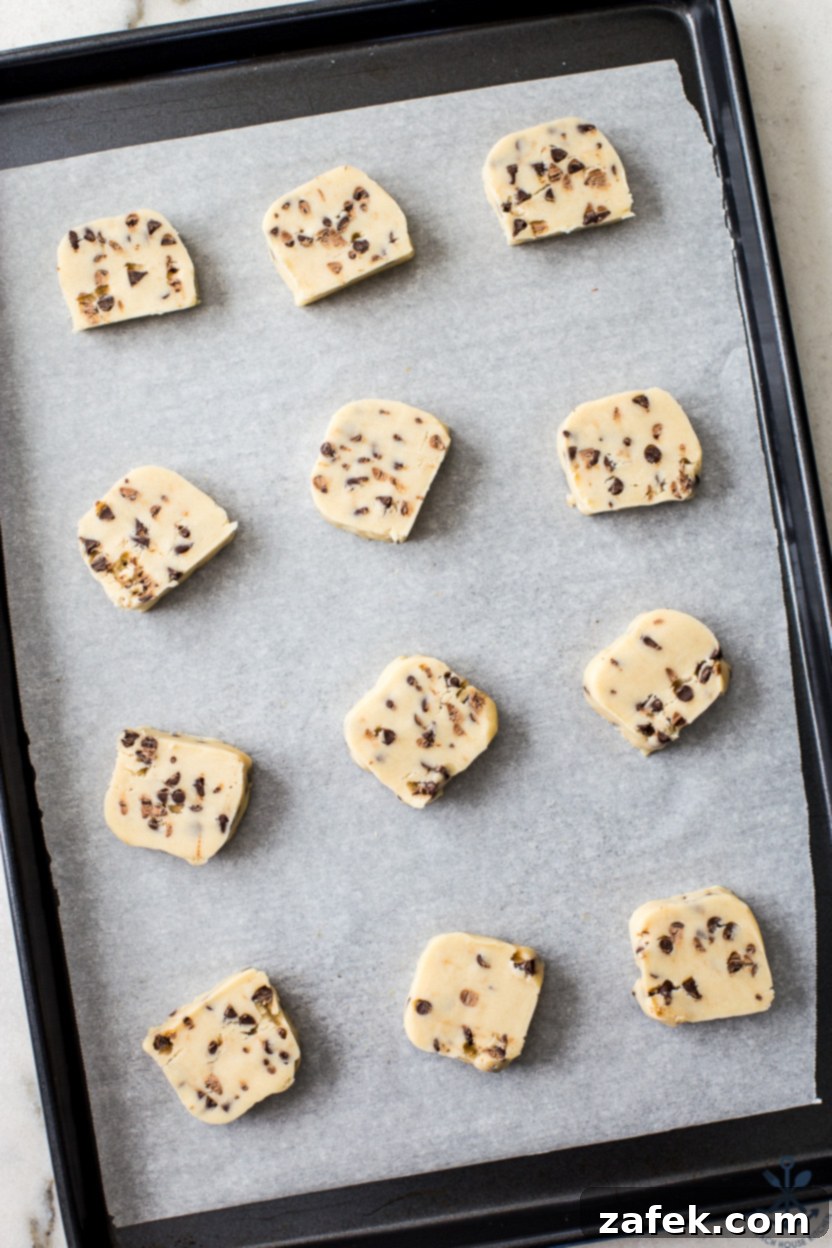 Tropical Chocolate Chip Cookie Logs 6 Overhead photo of a baking sheet filled with pre-baked Coconut Chocolate Chip Slice and Bake Cookies, showing their uniform shape and readiness to be transferred.