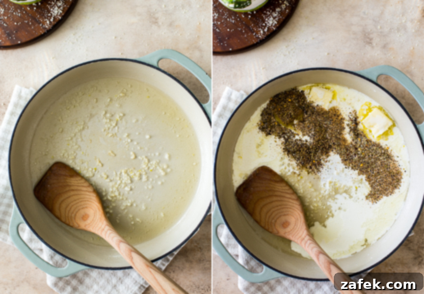 A diptych of a skillet with minced garlic sizzling in olive oil, and another skillet with heavy cream, Italian seasoning, and butter melting, illustrating sauce preparation.