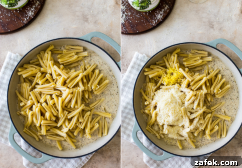 A diptych with a skillet of creamy pasta just combined, and another skillet of the finished pasta topped with grated Parmesan cheese and fresh lemon zest for garnish.
