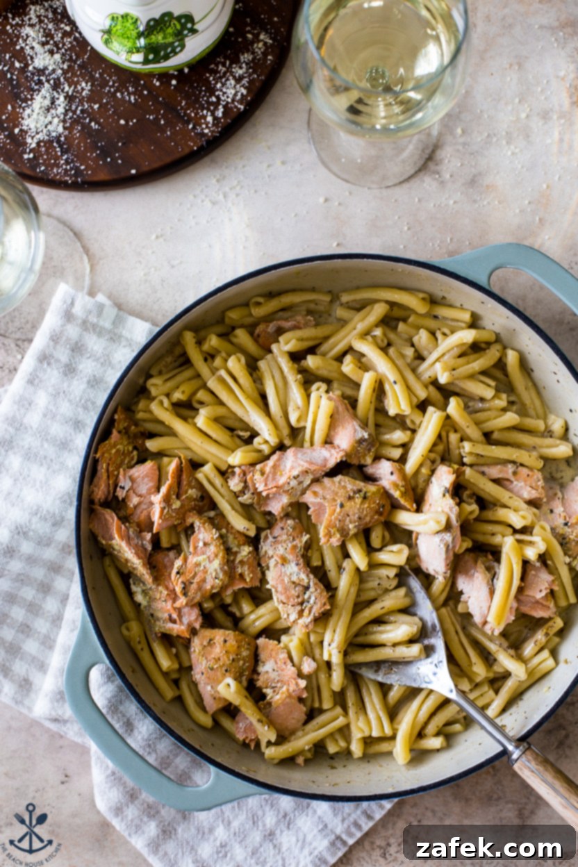 Overhead photo of a baking dish filled with a pasta dish, beautifully arranged and ready for serving, highlighting its inviting presentation.