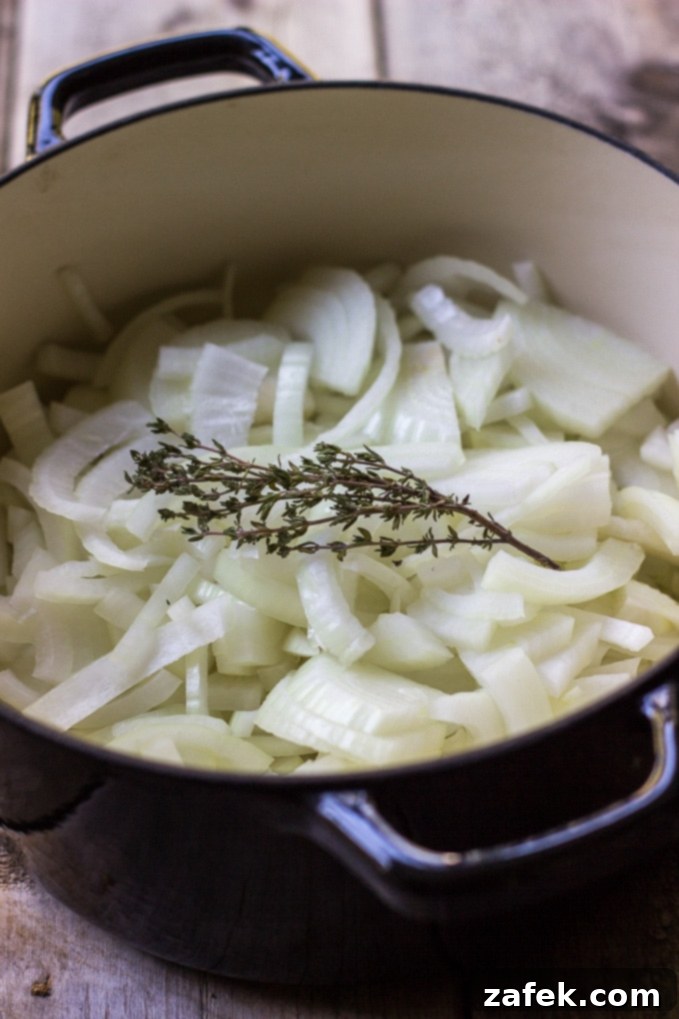 Two bowls of Caramelized Onion Soup, one with a spoon, showing the depth of the soup and the toasted bread topping