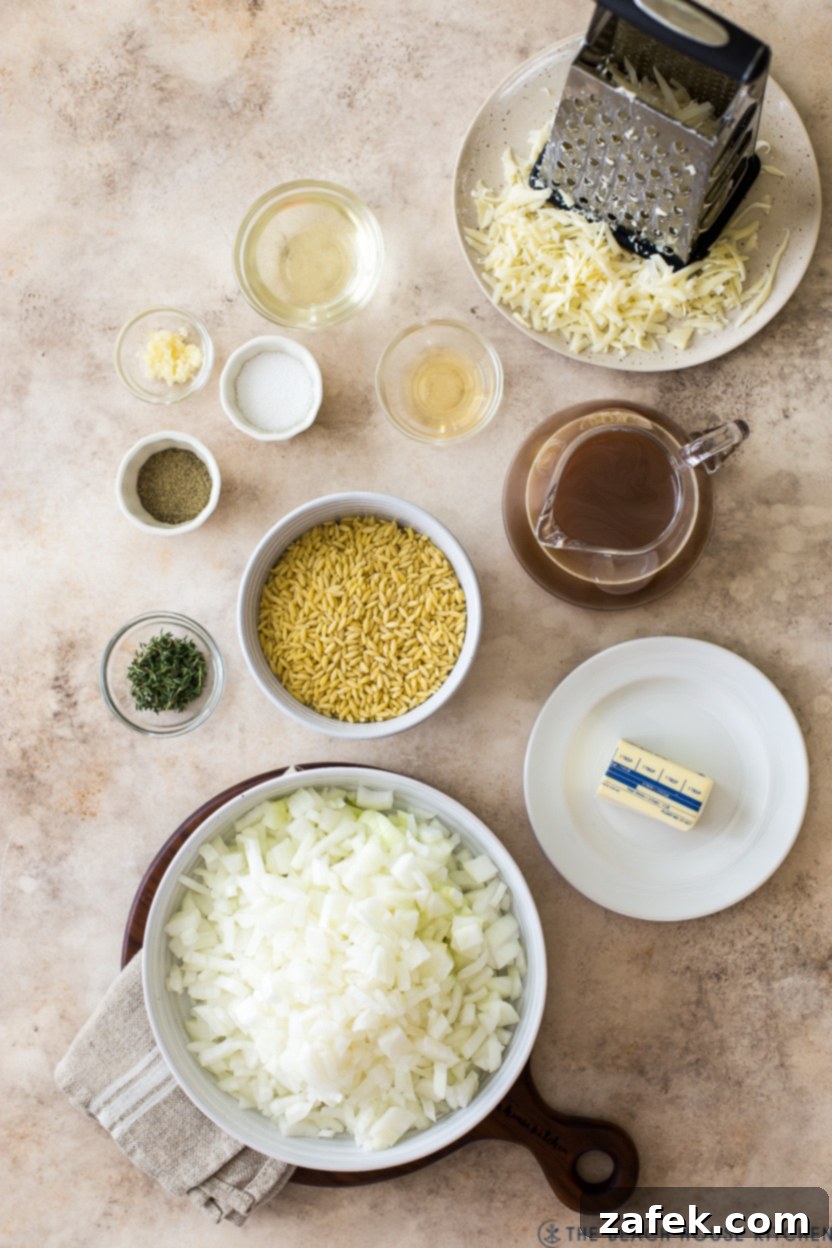 Overhead photo of ingredients in bowls for French onion pasta, including sliced onions, orzo, and cheese.