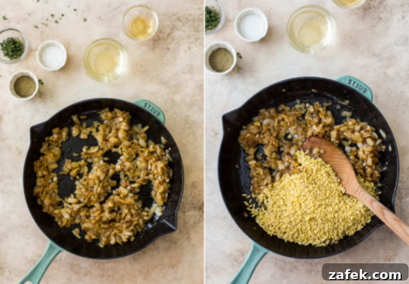Diptych of a photo of a skillet of caramelized onions and a skillet of caramelized onions and dry orzo being toasted.