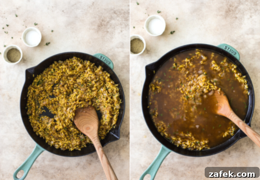 A diptych of a skillet of toasted orzo and a skillet of orzo simmering in beef broth.