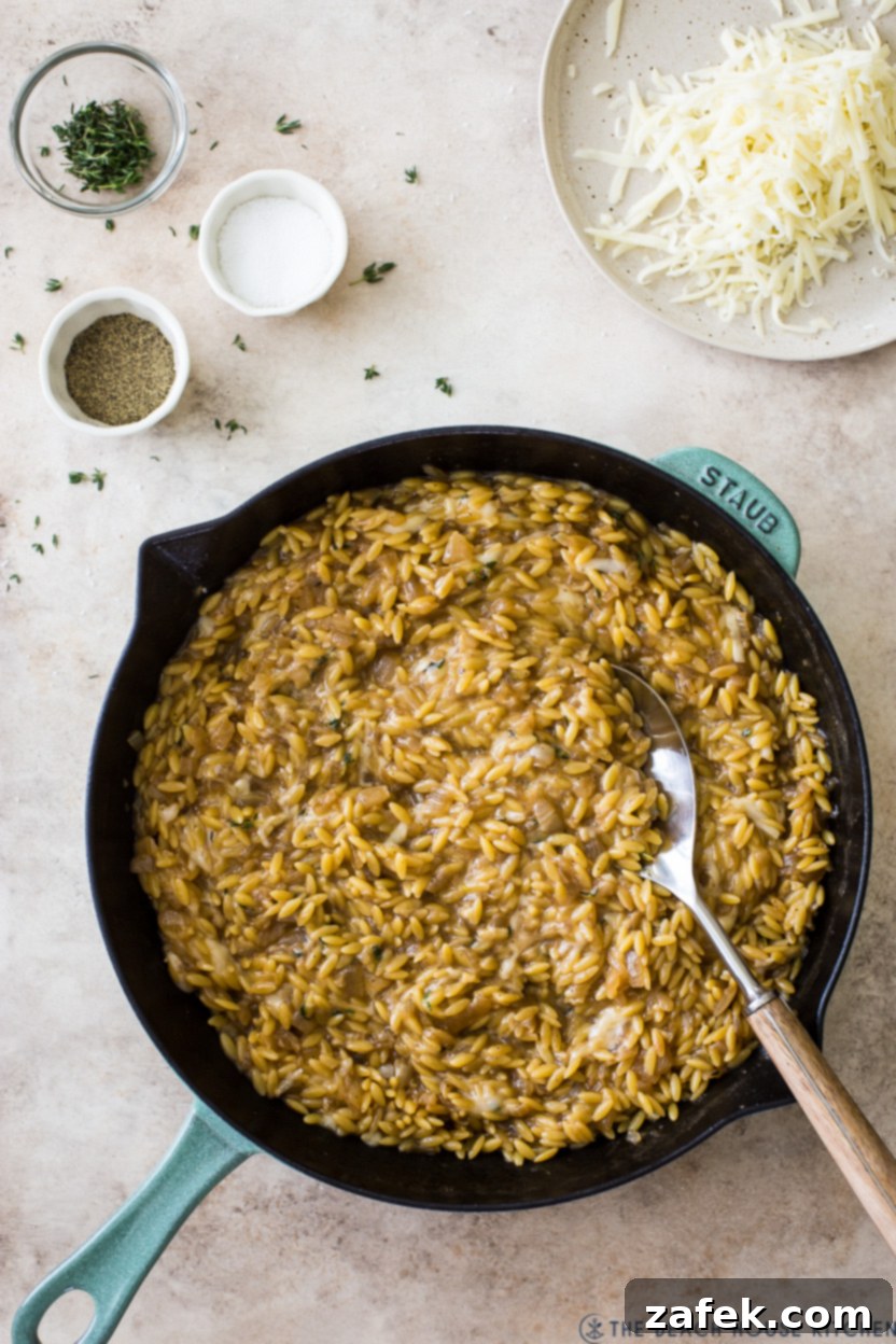 Overhead photo of a skillet of French Onion Orzo, garnished with fresh thyme and ready to be served.