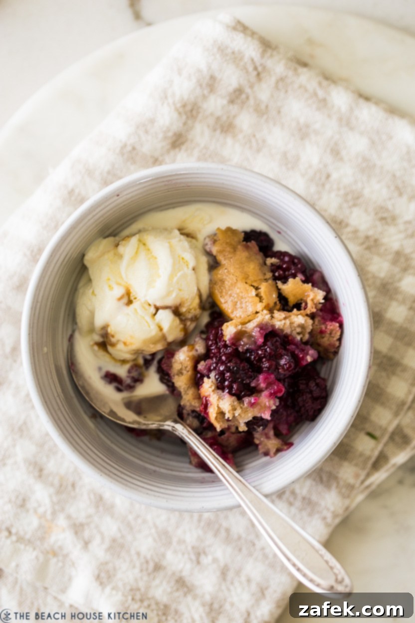 Overhead photo of a bowl of blackberry slump with a scoop of vanilla ice cream