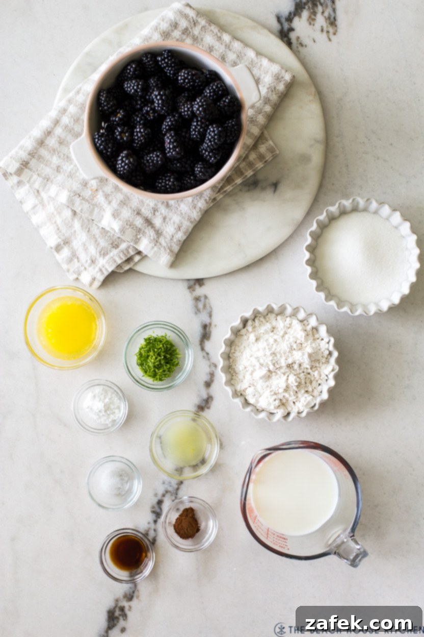 Overhead photo of ingredients in bowls for a blackberry slump