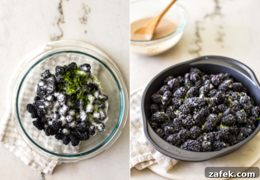 A diptich of blackberries in a glass bowl and blackberries in a round baking pan