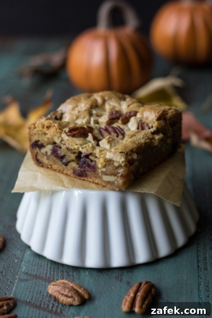 A whole pan of Brown Butter Cranberry White Chocolate Pecan Blondies