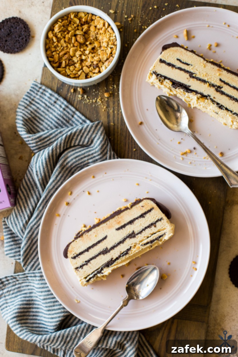 Decadent No-Bake Chocolate Peanut Butter Cake 2 Overhead photo of two plates with a slice of peanut butter ice box cake and spoons, showcasing the layers of chocolate wafers and creamy filling